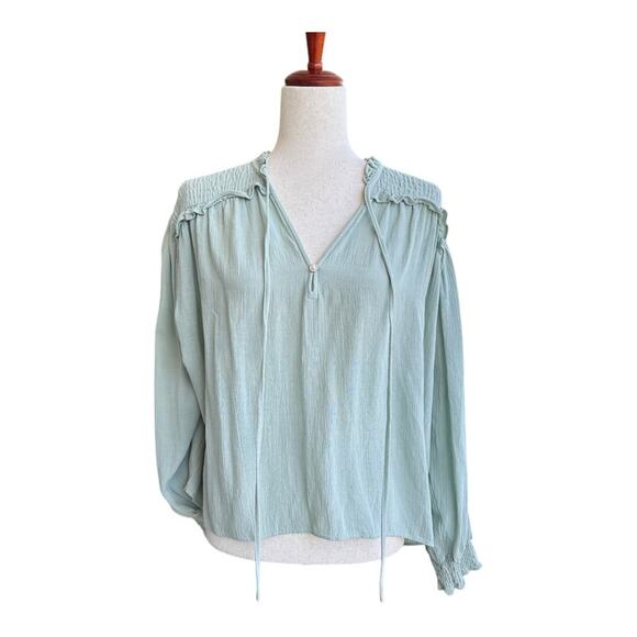 ZARA Soft Textured Boho Blouse Balloon Sleeve Top Airy Pistachio Mint Green XL - Picture 2 of 13